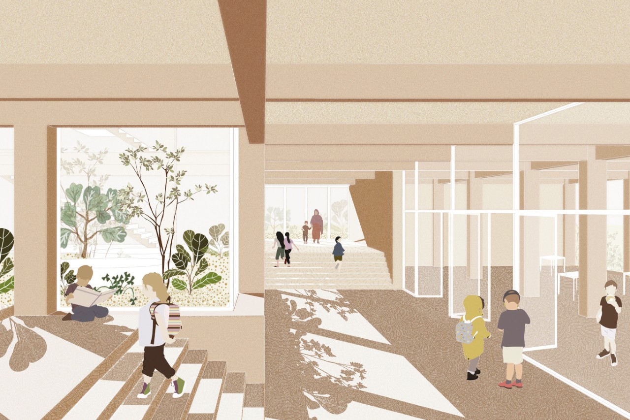 Visualisierung Schulanlage Triemli / In der Ey Siegerprojekt SINAN JAHAN CHOTA MIHRIMAH – Lichtdurchflutetes Treppenhaus in der Schule Triemli (Visualisierung: Bollhalder Eberle Architektur, Zürich)
